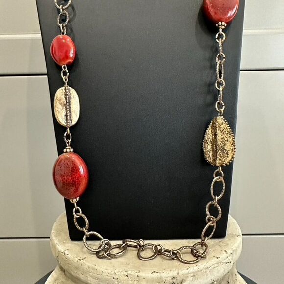 Chico's Long Beaded Chain Link Ceramic and Metal Statement Necklace - Picture 4 of 5